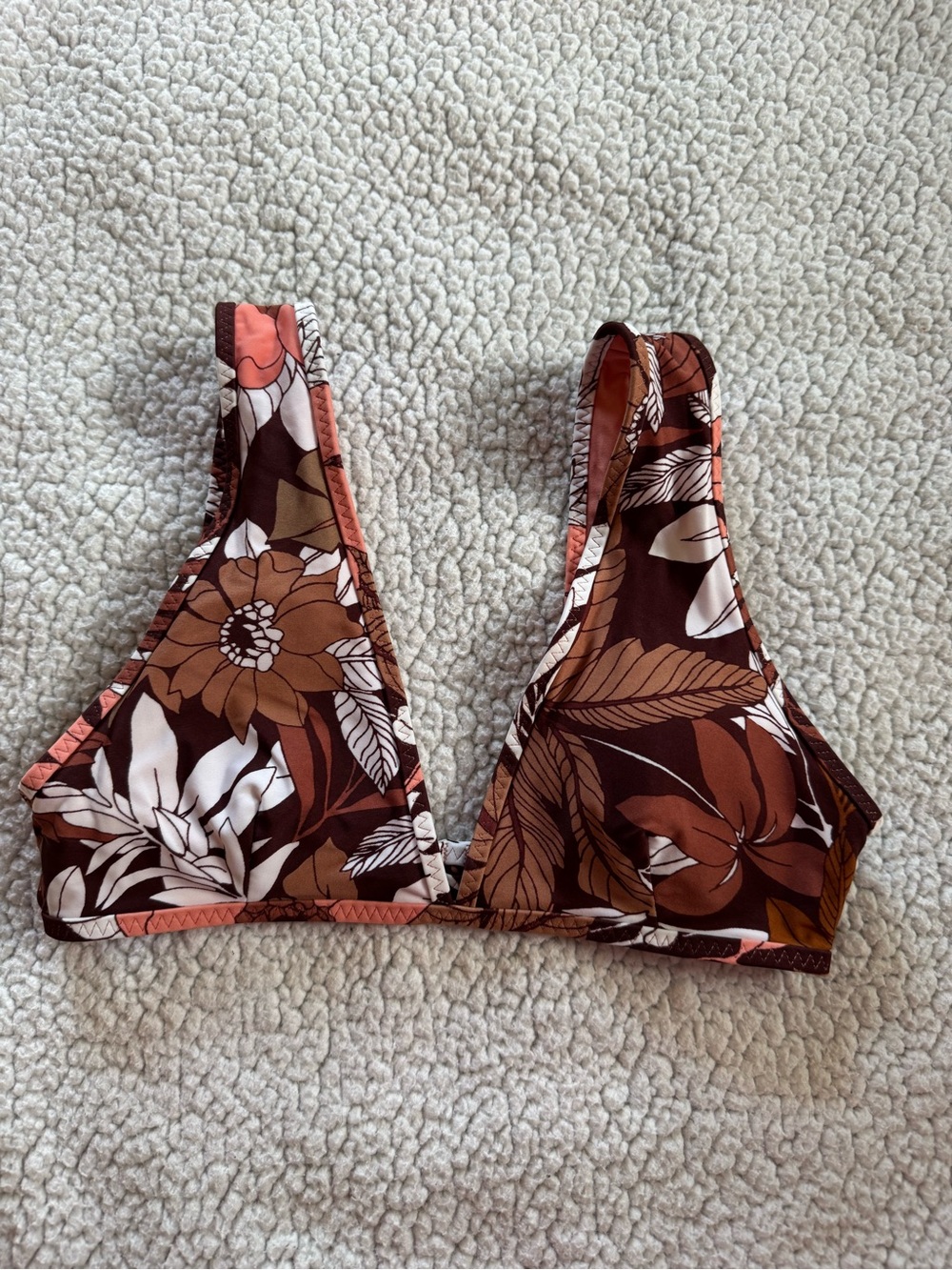 Aerie Brown Floral Triangle Bikini Top with White Accents